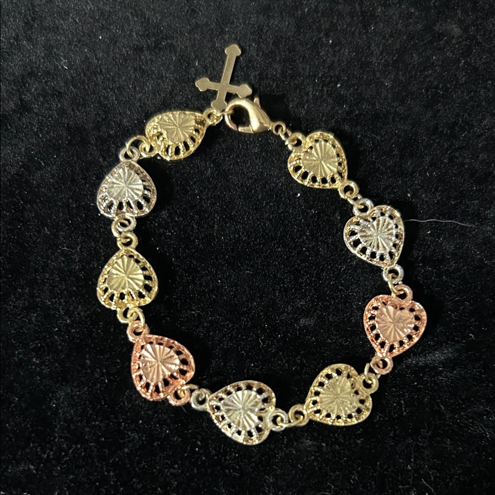 Tri-Tone Heart Link Bracelet with Cross Accent